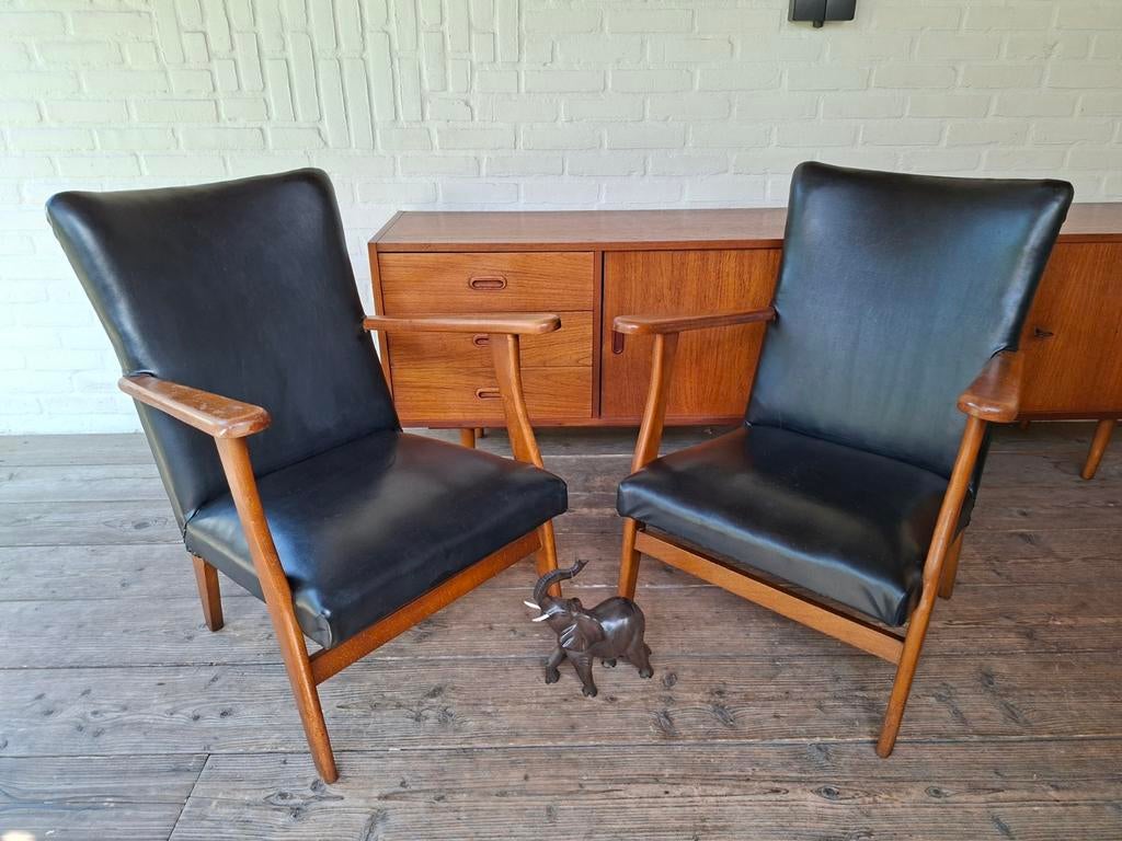 Vintage retro fauteuils Design Mid Century jaren 60., Ophalen, Gebruikt, 75 tot 100 cm, Vintage retro jaren 60 Design Mid Century leer.