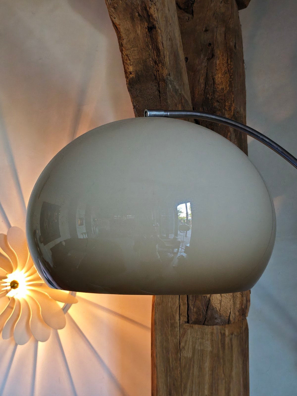 Vintage Booglamp Jaren '70 met grote kap Dijkstra/Herda, Ophalen, Gebruikt, E27 (groot), Glas