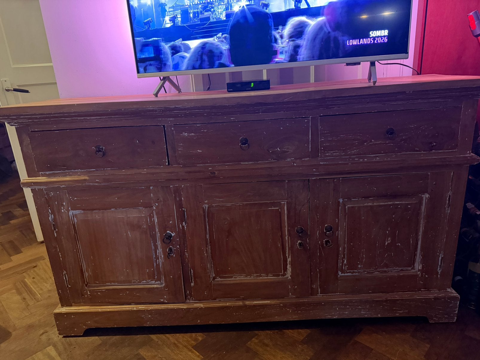Oud teakhouten dressoir tv kast, Ophalen, Gebruikt, Met deur(en), 150 tot 200 cm