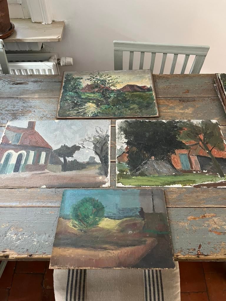 KUNST SCHILDERIJ 4 STUKS LANDELIJK PANEEL DOEK, Ophalen of Verzenden