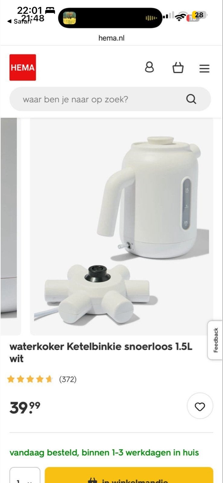 Ketelbinkie Snoerloze Waterkoker 1.5L Wit, Witgoed en Apparatuur, Waterkokers, 1 tot 2 liter, Ophalen, Nieuw, Draadloos