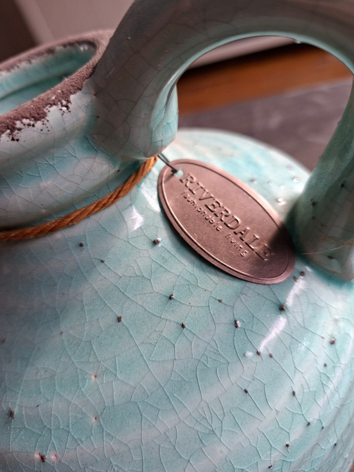 Riverdale vaas/kan in turquoise met craquelé effect, Ophalen, Overige kleuren, Geschikt voor droogbloemen, Zo goed als nieuw