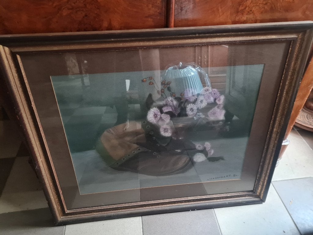 Groot vintage schilderij met glas