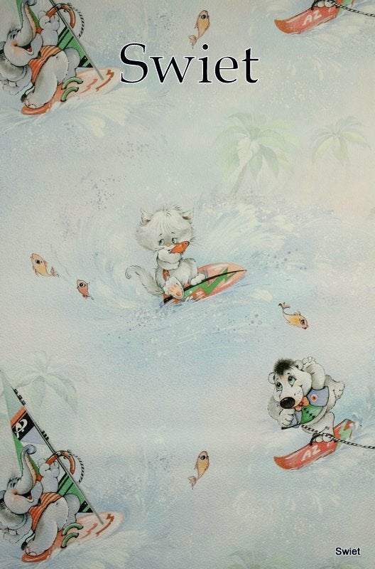 7895 surfend kinderbehang vrolijke beestjes 90s  vibe swiet, Ophalen of Verzenden, Blauw