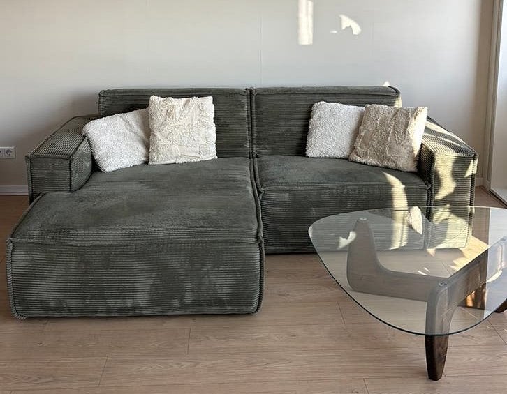 Groene ribstof xooon loungebank, Ophalen, 125 tot 150 cm, Hoekbank, Driepersoons