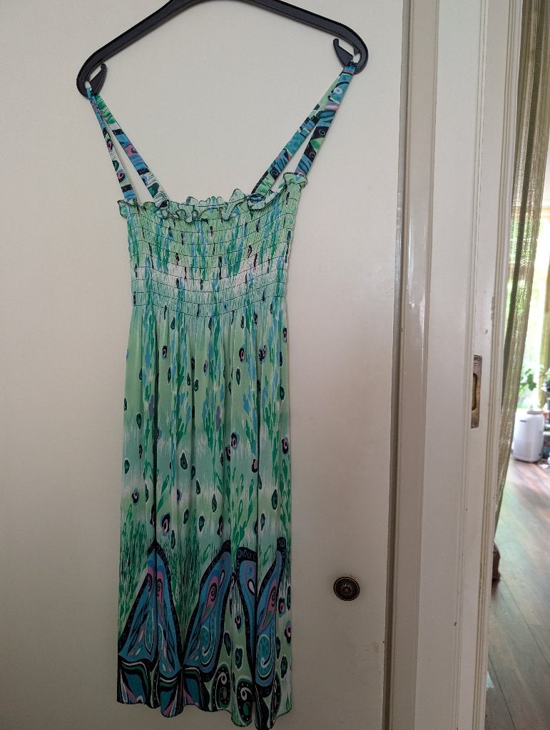 Stretchjurk met bandjes, vnl. groen, batikprint, maat 40/44, Kleding | Dames, Maat 42/44 (L), Ophalen of Verzenden, Zo goed als nieuw