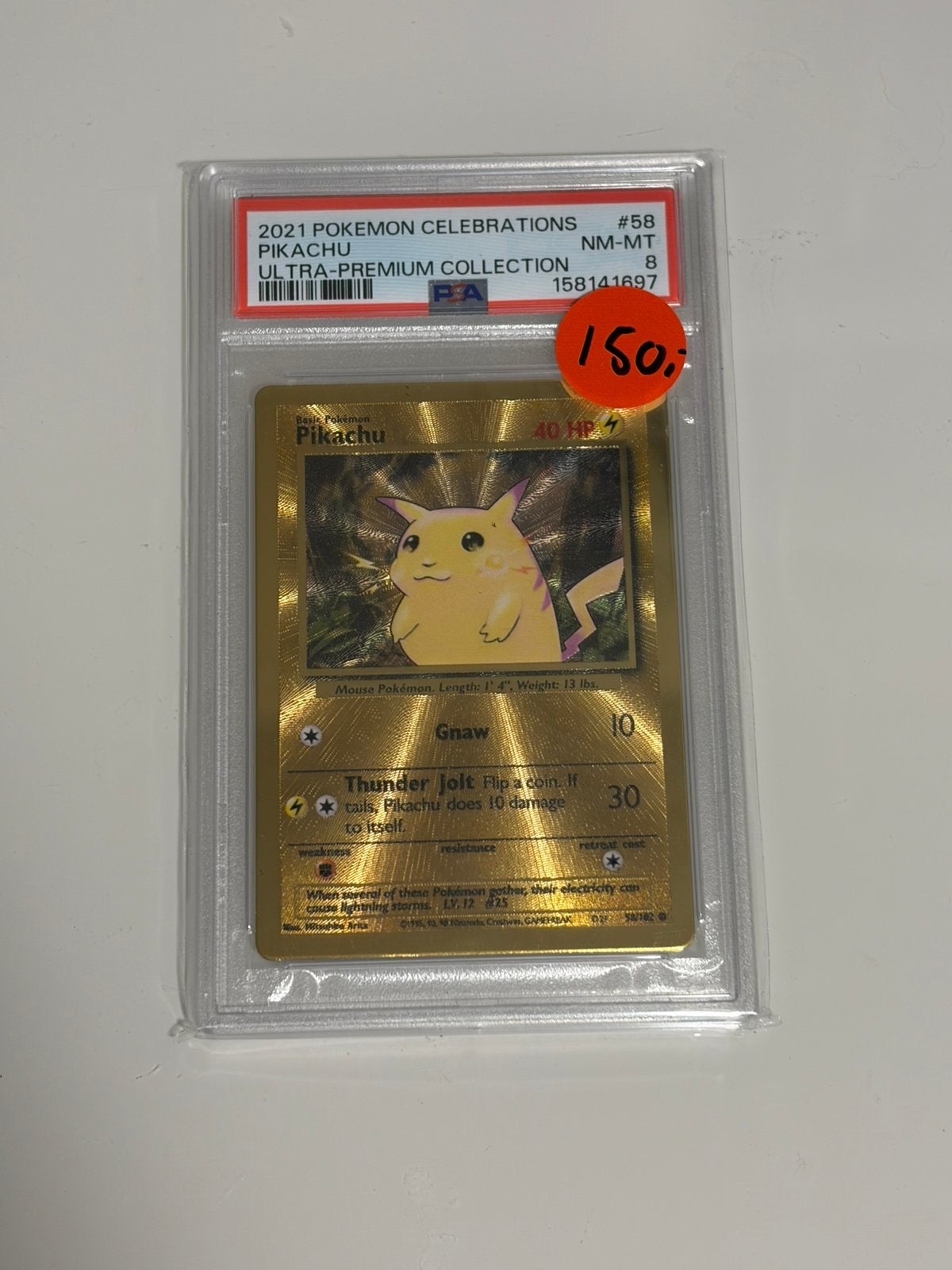 Pikachu gold 58 - PSA8, Ophalen of Verzenden, Zo goed als nieuw, Losse kaart, Foil