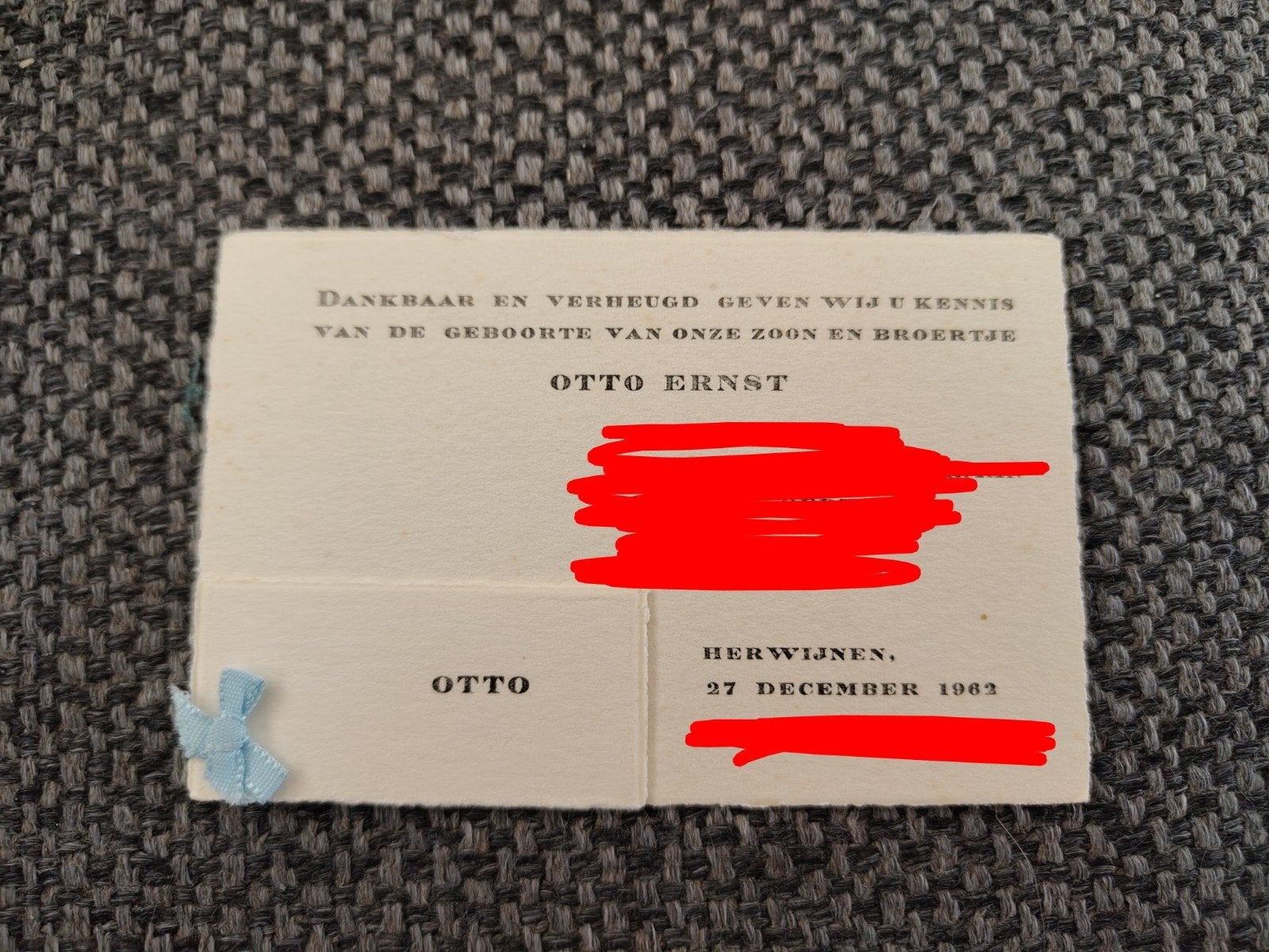 Otto te Herwijnen, Ophalen of Verzenden, Voor 1970, Geboortekaartje
