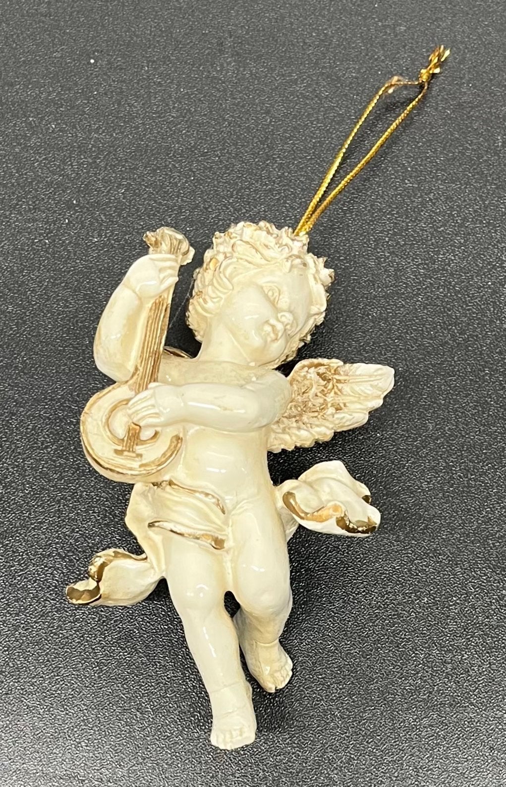 Vintage kersthanger / ornament engeltje met banjo (wit/goud), Diversen, Ophalen of Verzenden, Zo goed als nieuw