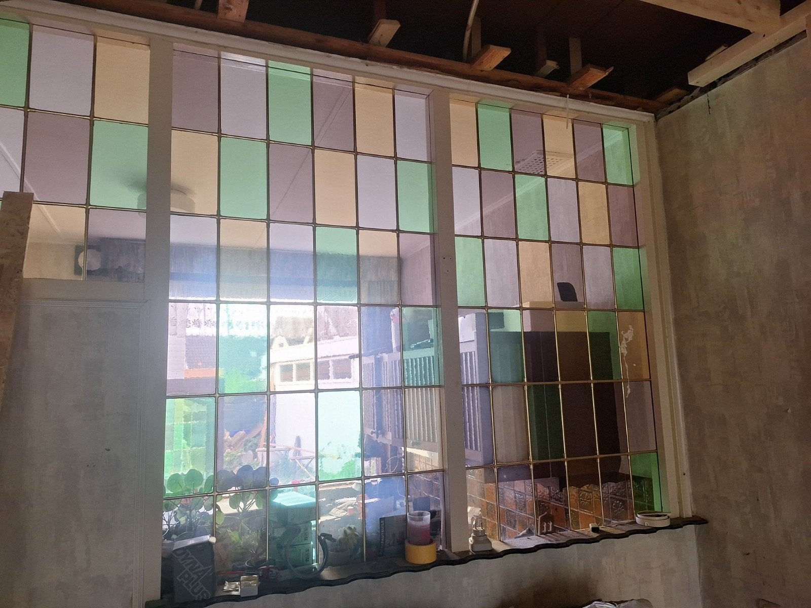 glas in koper/messing glas in lood ramen en deur, Gevelraam of Ruit, Gebruikt, Glas in lood, 80 tot 120 cm