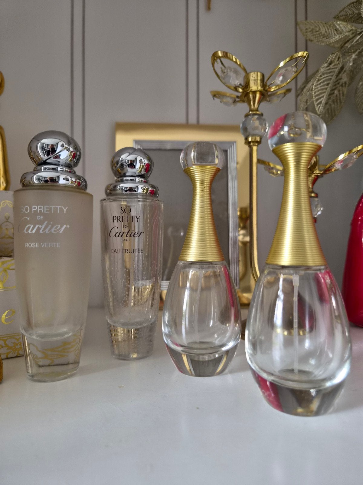 4 lege parfumflessen: Dior J'adore & Cartier So Pretty, Ophalen of Verzenden, Gebruikt