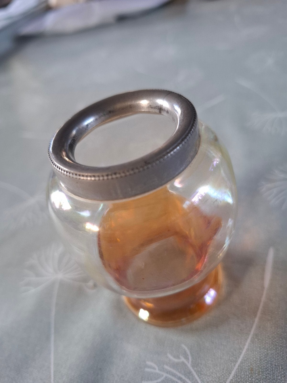 Vintage iriserende glazen pot met metalen rand, Ophalen of Verzenden