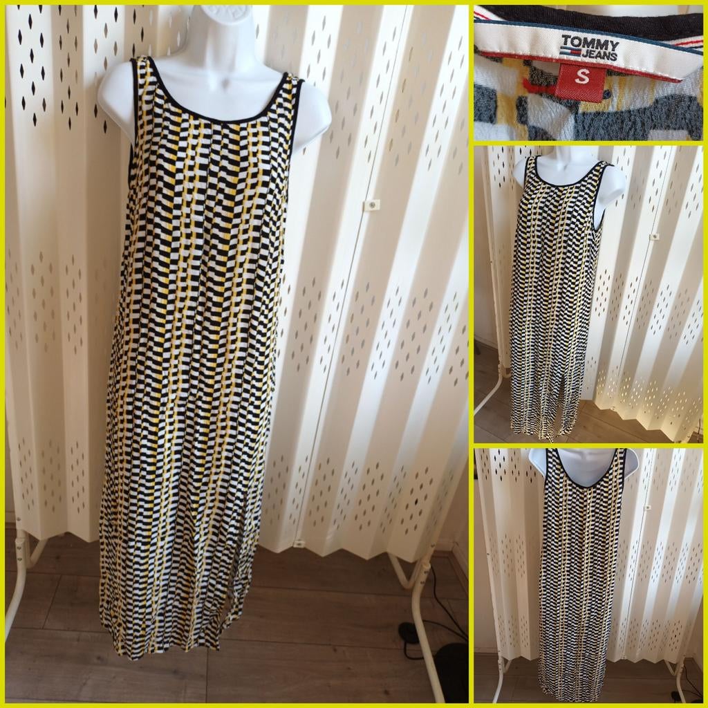 Tommy Jeans Maxi Jurk Zwart Geel Wit Maat S, Zwart, Ophalen of Verzenden, Maat 36 (S), Gedragen