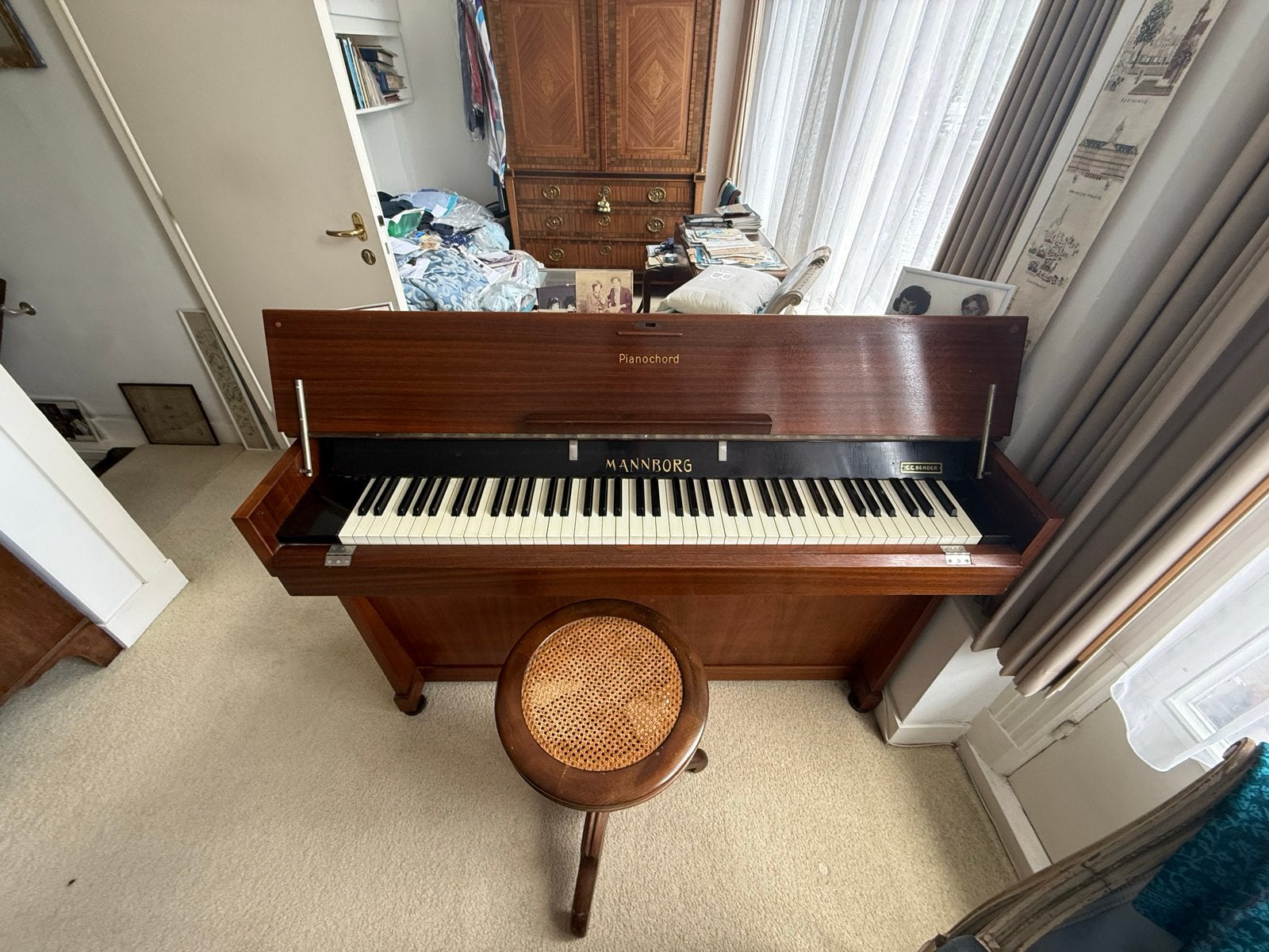 Antieke Mannborg "Pianochord" mini-piano jaren '50, Ophalen, Gebruikt, Bruin, Piano