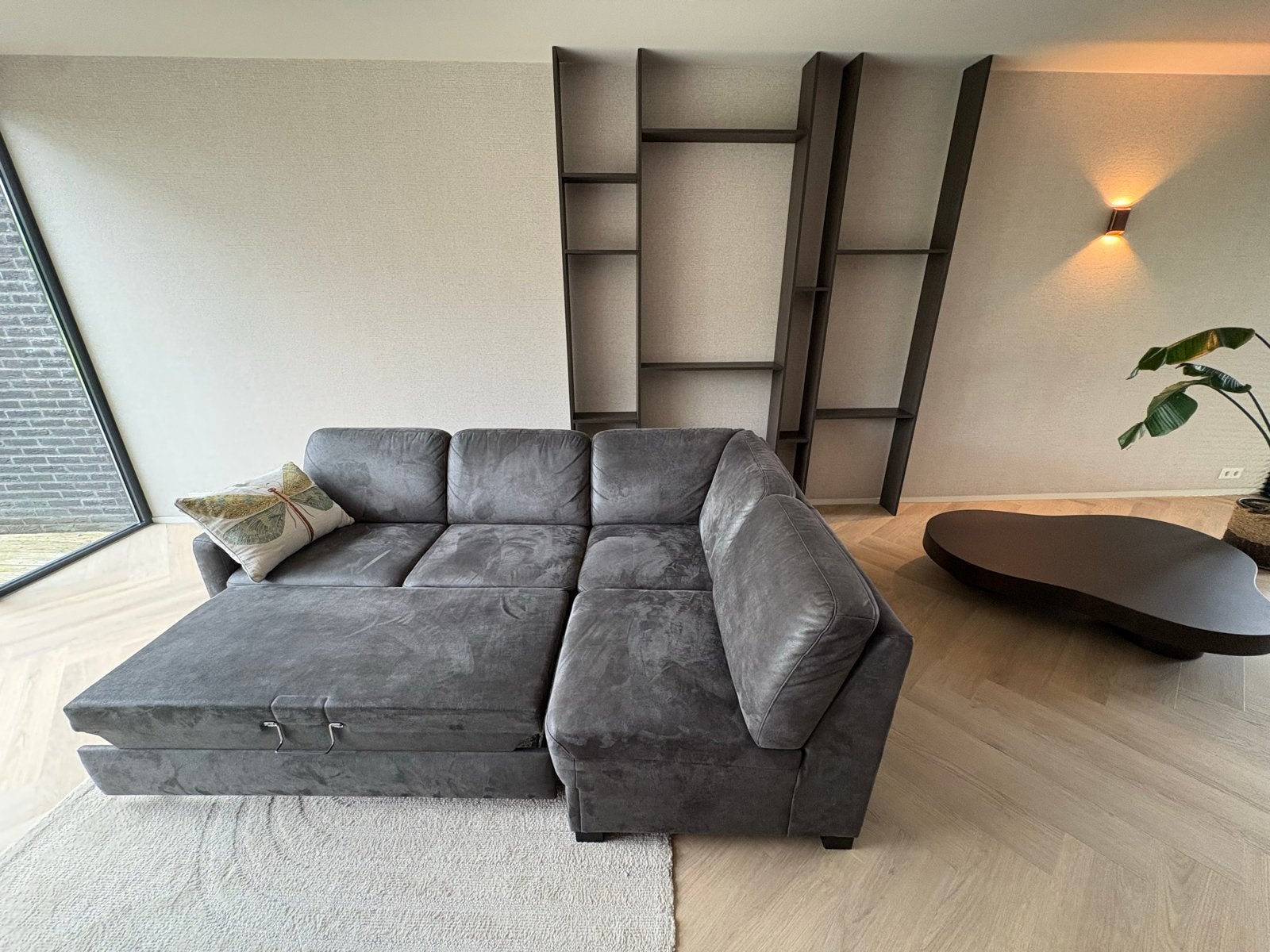 Pronto Wonen Luxe Grijze hoekbank met slaapfunctie, Huis en Inrichting, Ophalen, Hoekbank, 75 tot 100 cm, Zo goed als nieuw