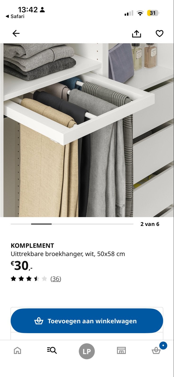IKEA KOMPLEMENT Uittrekbare broekhanger, wit, 50x58 cm, Ophalen, Gebruikt