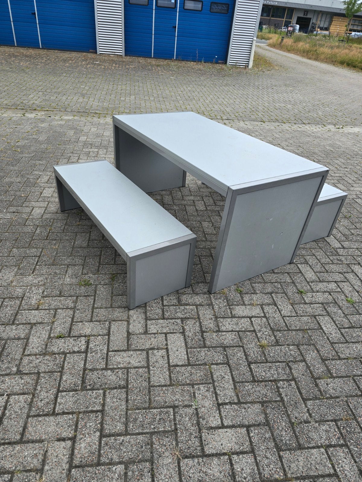 Moderne picknickset van aluminium - Tafel met banken, Tuin en Terras, Picknicktafels, Ophalen, Gebruikt, Rechthoekig, Aluminium