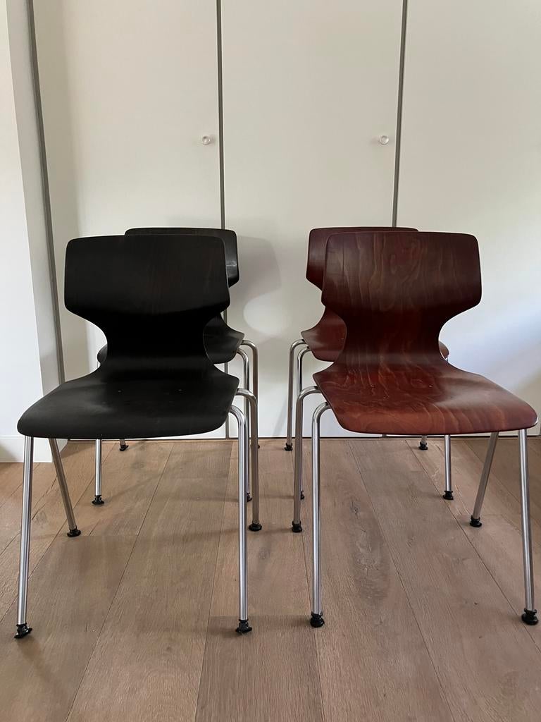 Flöttoto plywood / pagholz vintage design stoelen 4 stuks, Ophalen of Verzenden, Zo goed als nieuw, Bruin, Hout