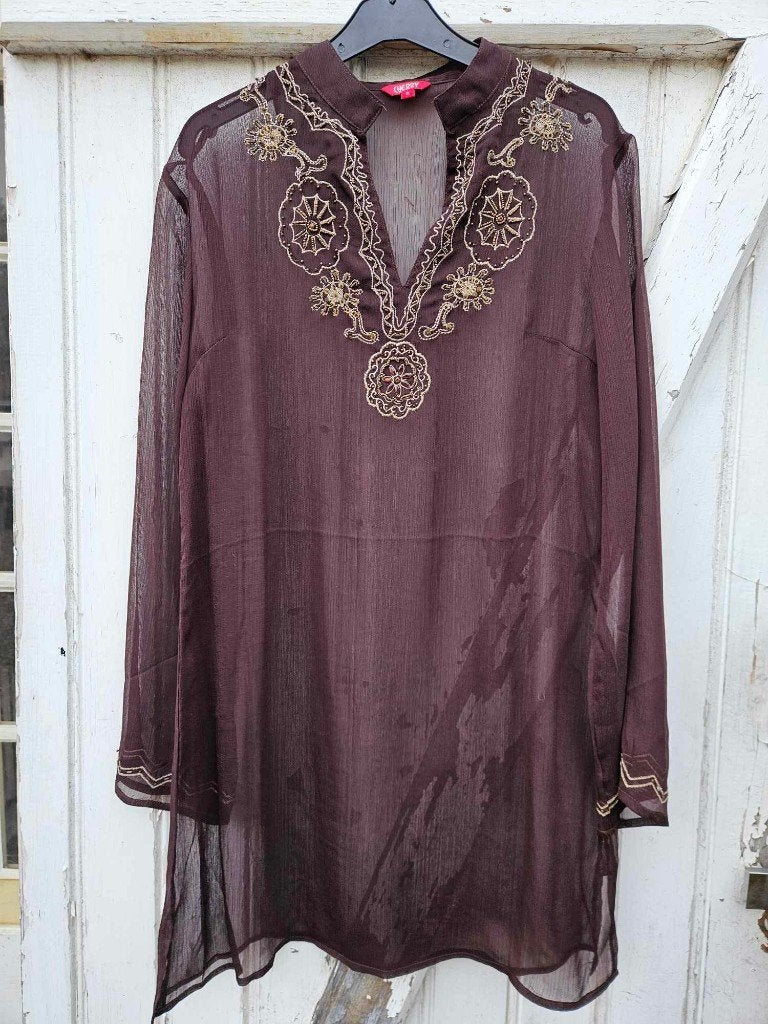 Geborduurde tuniek van chiffon (M2), Ophalen of Verzenden, Zo goed als nieuw, Maat 38/40 (M), Bruin