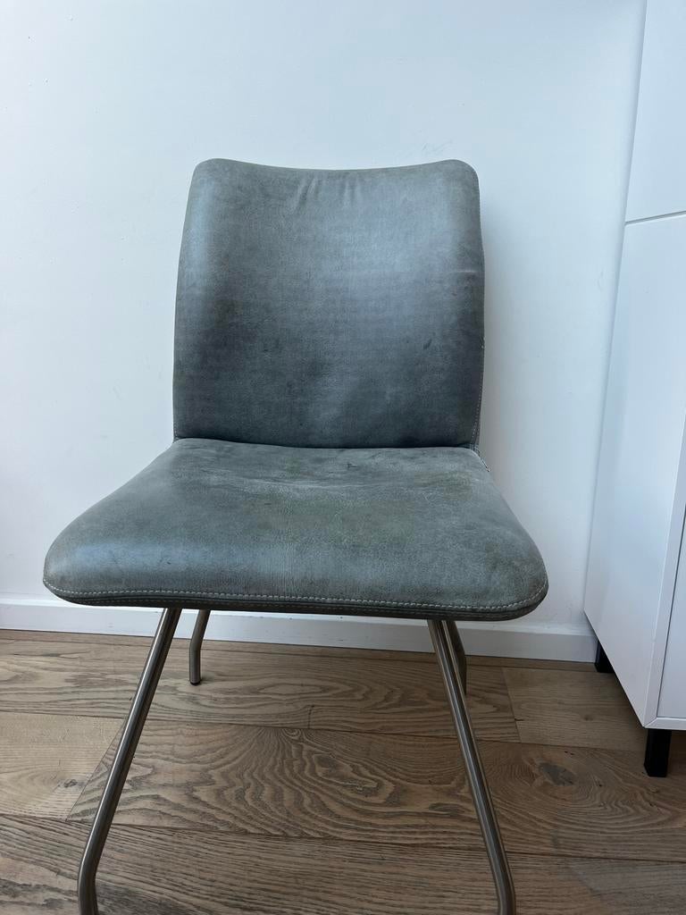 Set van 4 leren eetkamerstoelen - Grijs, Gebruikt, Leer, Ophalen of Verzenden, Vier