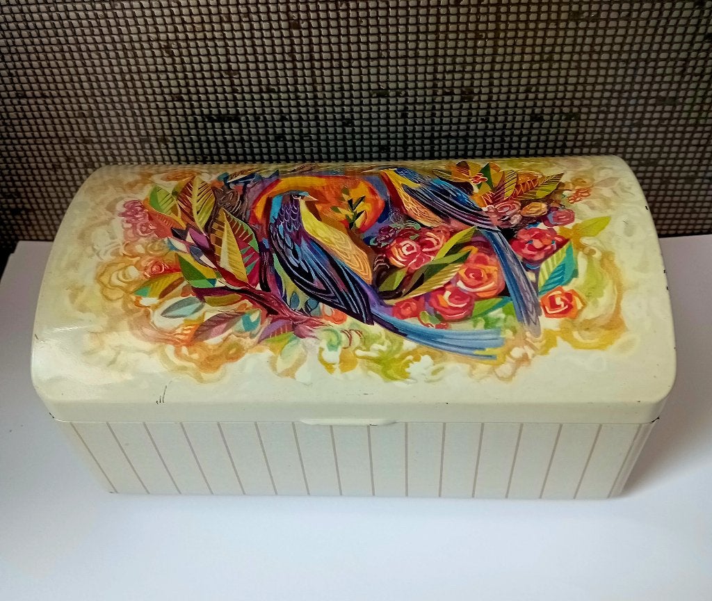 vintage blik met vogels creme wit, Verzamelen, Verzenden, Gebruikt, Overige