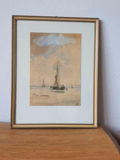 Originele aquarel bomschuiten op het strand Marius JANSSEN, Ophalen