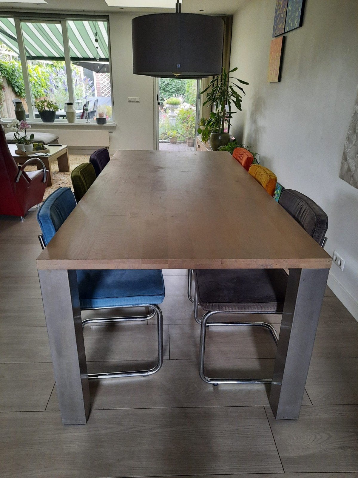Massief eiken eettafel met RVS poten., Ophalen, 100 tot 150 cm, Eikenhout, 200 cm of meer