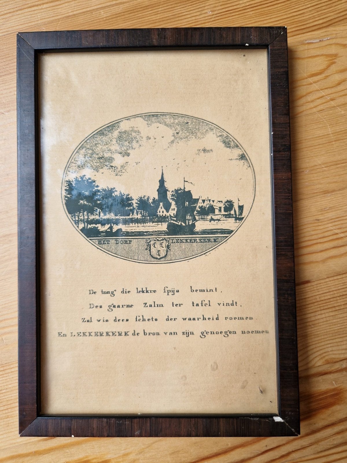 Antieke prent Lekkerkerk met gedicht, ingelijst, Ophalen of Verzenden, Ingelijst