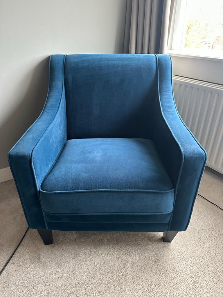 Stijlvolle blauwe fauteuil, Huis en Inrichting, Fauteuils, Ophalen, Gebruikt, Stof, 75 tot 100 cm