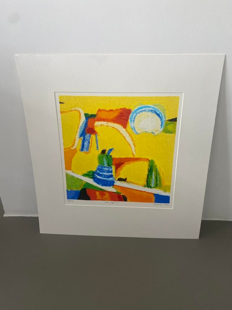 New Age a.i. zeefdruk Saskia Bremer 57x61 modern geel, Antiek en Kunst, Kunst | Litho's en Zeefdrukken, Ophalen of Verzenden