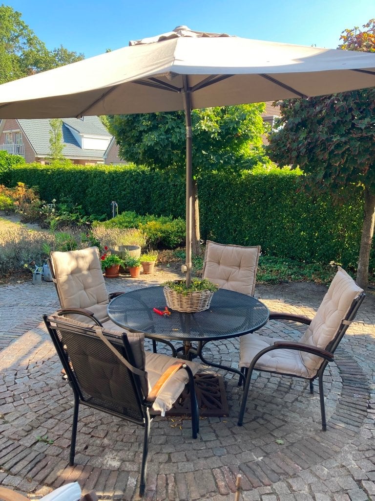 Gietijzeren tuinset met 4 stoelen incl. kussens, Tuin en Terras, Ophalen, Gebruikt, Tuinset, Eettafel