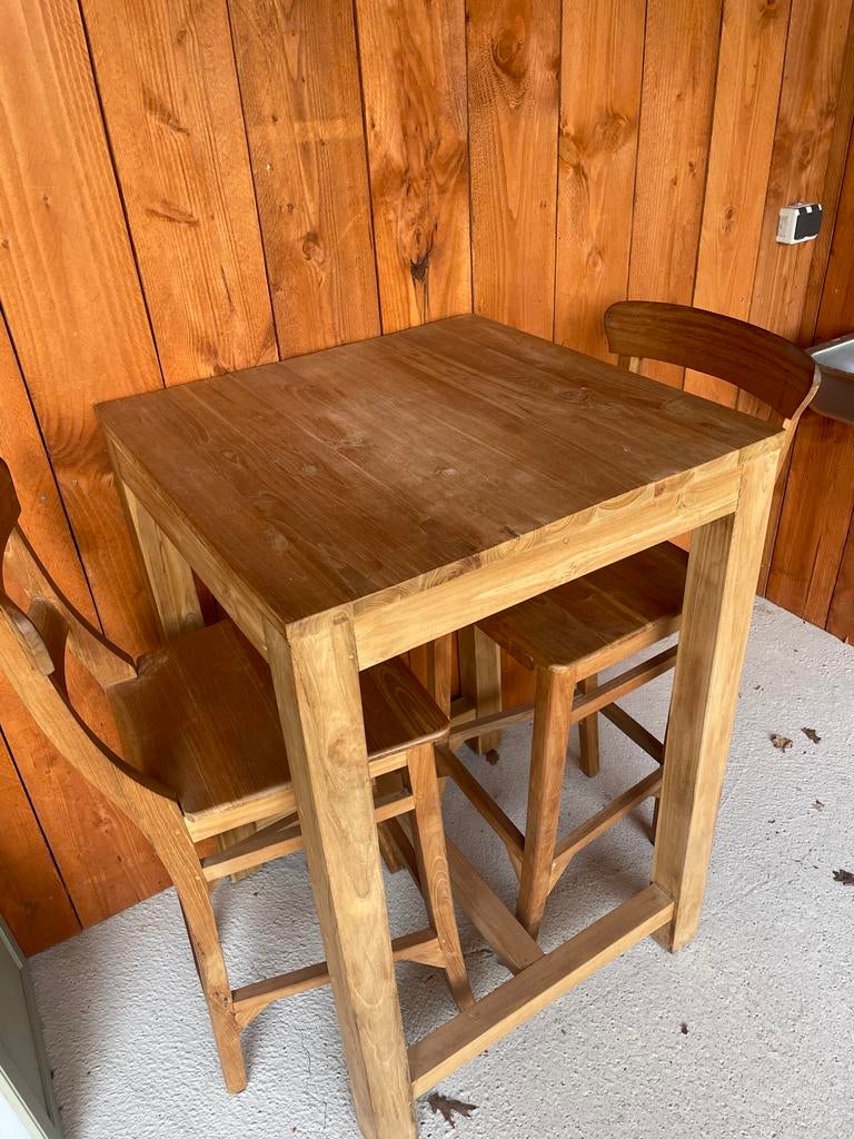 Teak houten bartafel met hoge stoelen, Ophalen of Verzenden, Zo goed als nieuw, Inclusief barstoelen