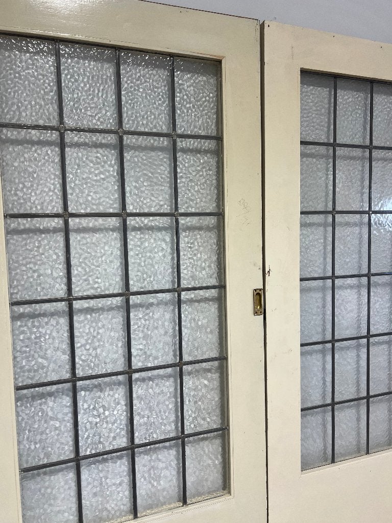 Robuuste set gave oude ensuite deuren met wolk glas in lood, Gebruikt, 120 cm of meer, Binnendeur, Ophalen of Verzenden