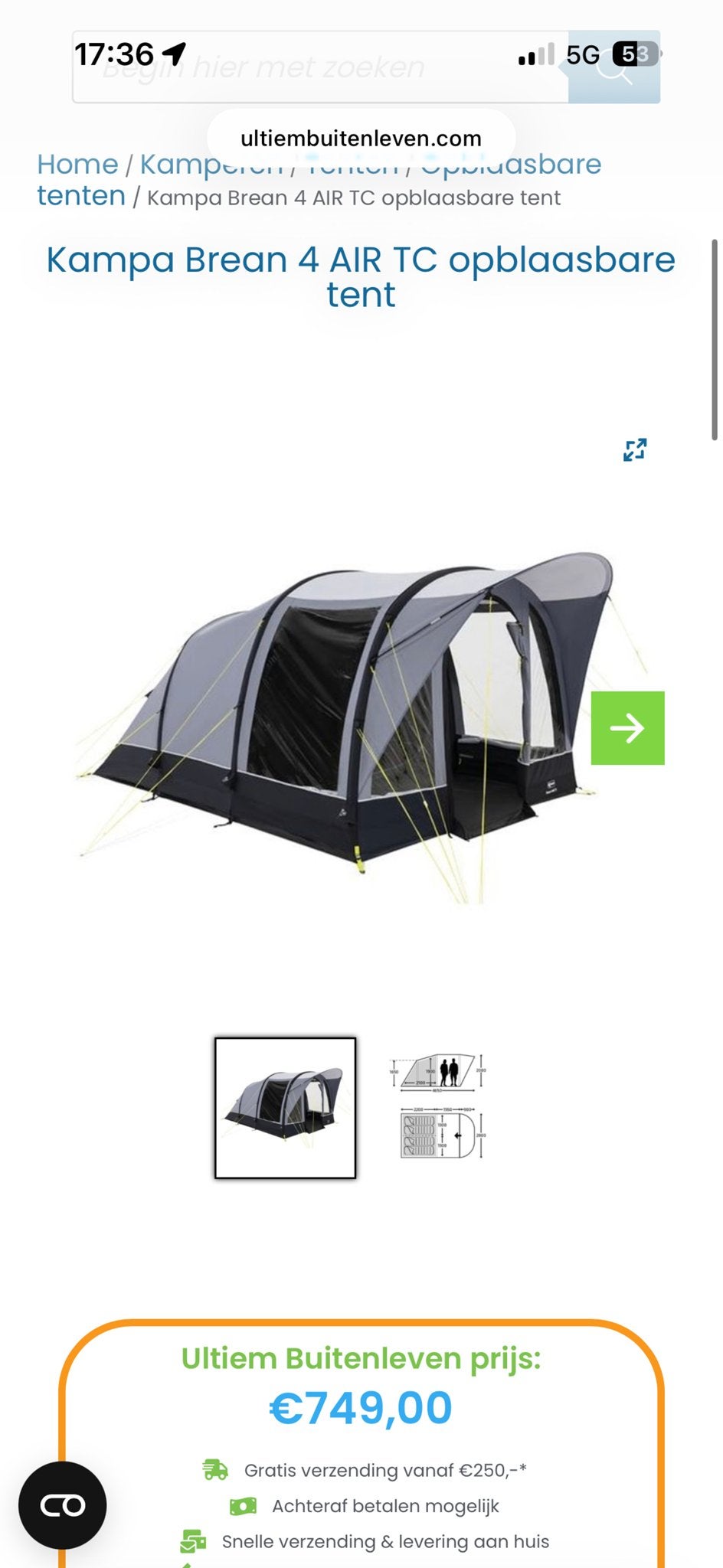 Kampa Brean 4 AIR TC opblaasbare tent - Zo goed als nieuw, Ophalen, Zo goed als nieuw, Tot en met 4