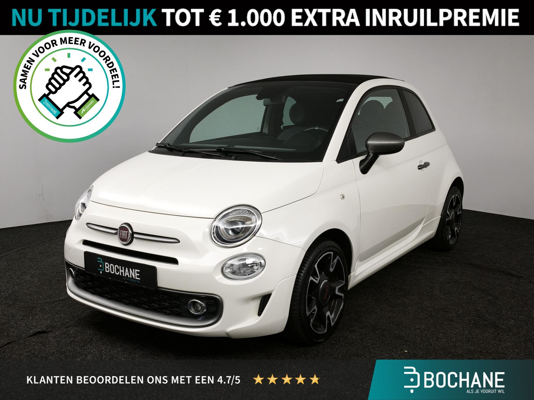 Fiat 500 C TwinAir Turbo Sport | Cabrio | Apple Carplay/Andr, Auto's, Leder en Stof, Wit, Bedrijf, Handgeschakeld