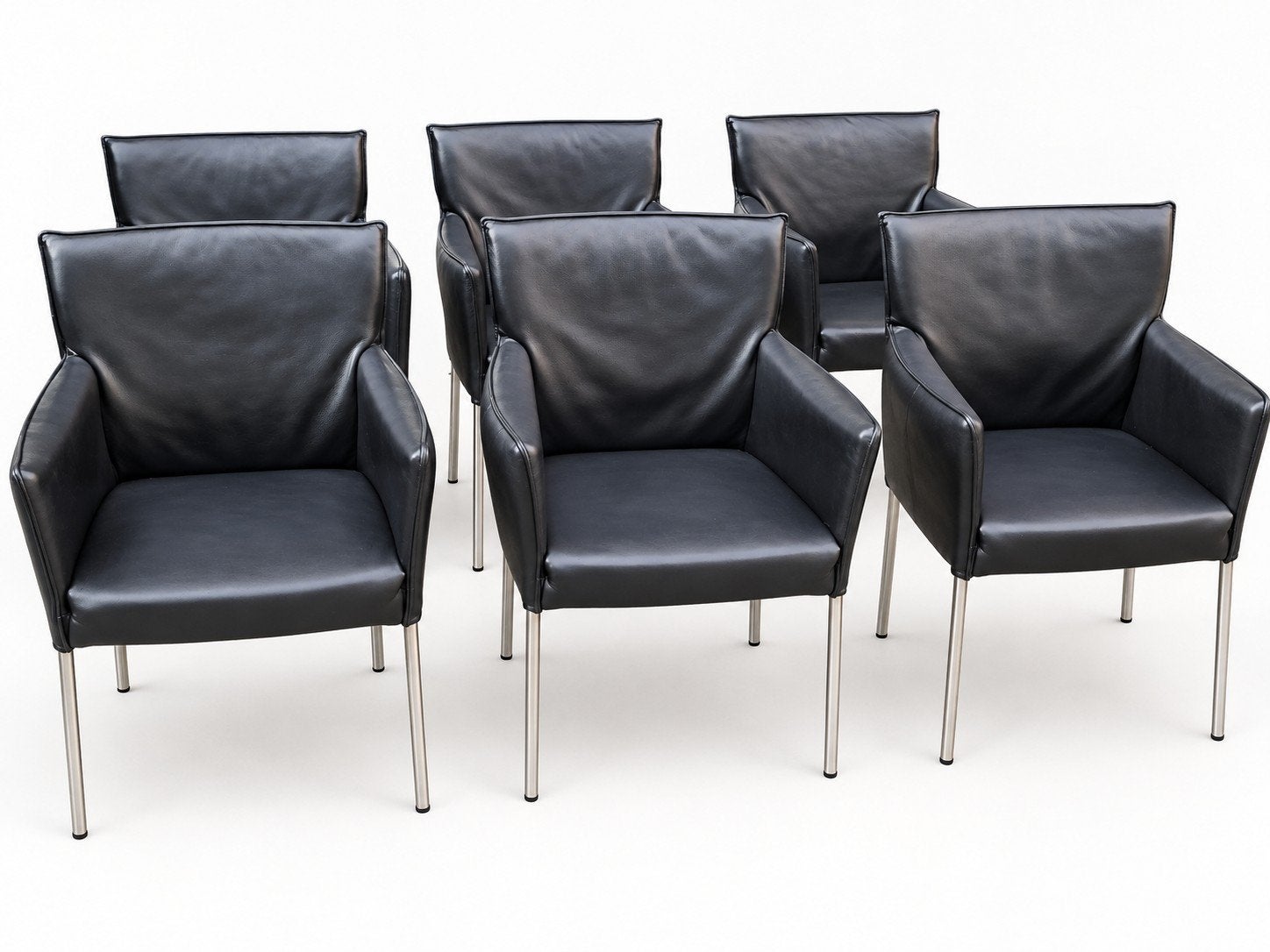 6 Amra design on stock design eetkamerstoelen in zwart leer, Zwart, Chaplin charly montis stijl leolux stijl, Ophalen of Verzenden