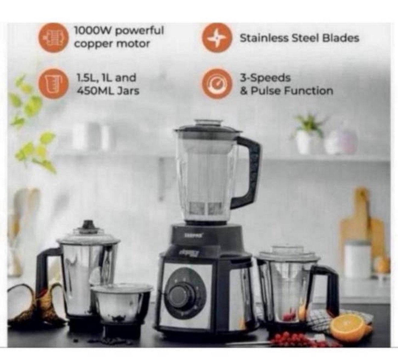 1000W SET 5-in-1 Mixer Blender Juicer 1.5L + bekers rvs, Nieuw, 3 snelheden of meer, Ophalen of Verzenden, H