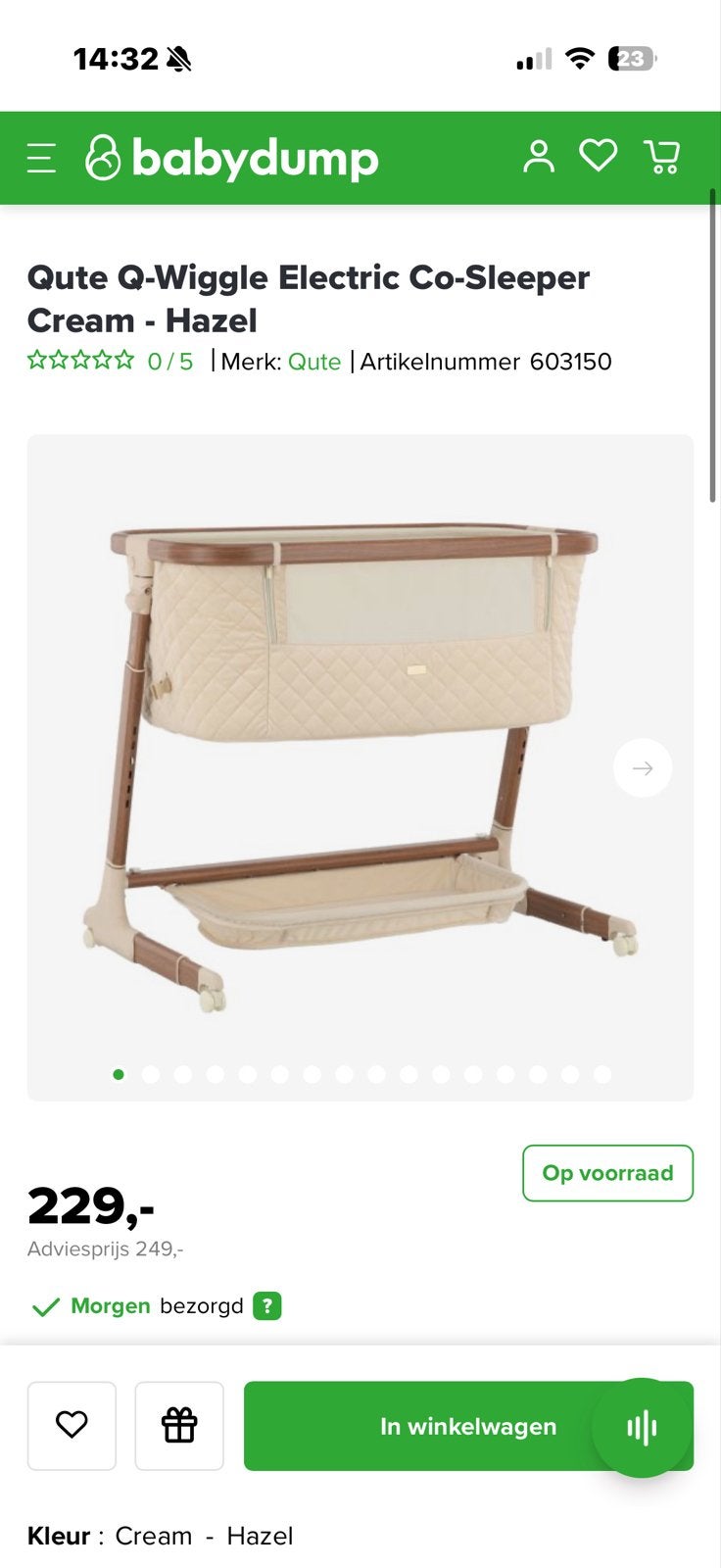 Qute Q-Wiggle Electric Co-Sleeper Cream - Hazel, Kinderen en Baby's, Ophalen, Zo goed als nieuw, Wieg