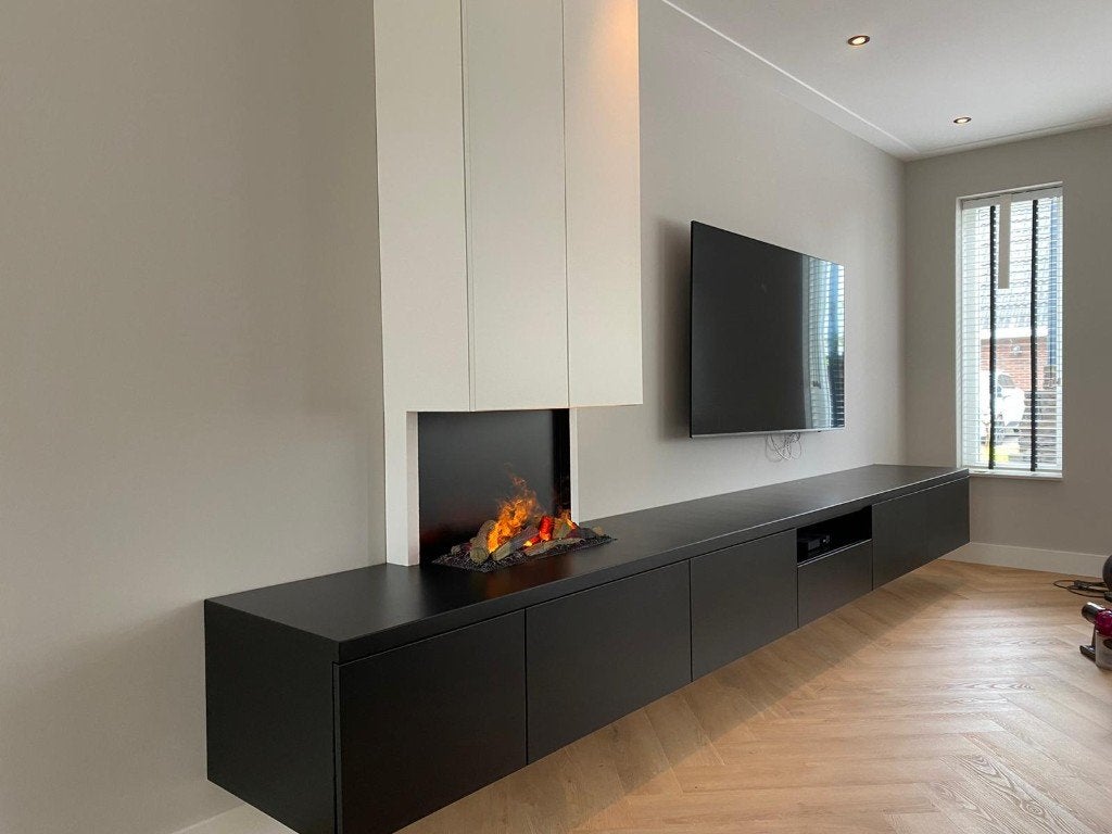 tv meubel met elektrische haard wandmeubel op maat, Nieuw, 200 cm of meer, 25 tot 50 cm, Strak modern landelijjk
