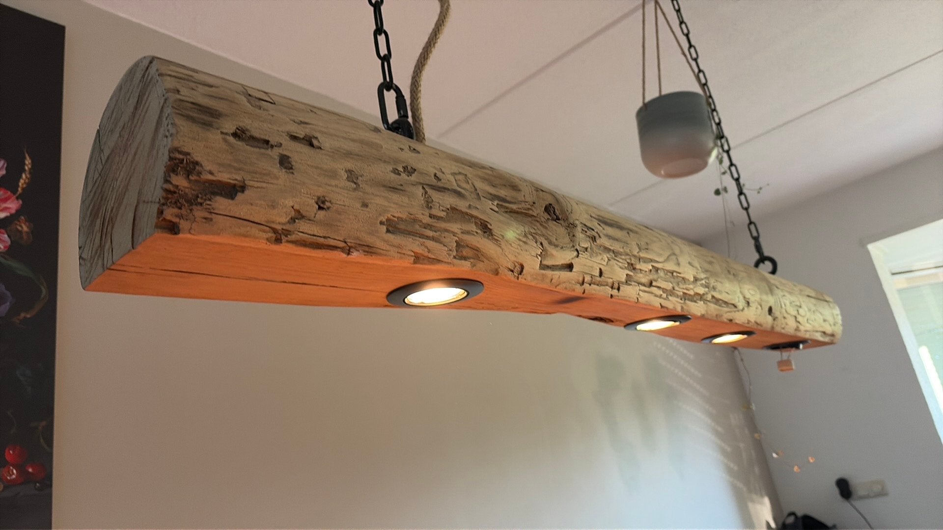 Robuuste kastanje houten balklamp met 4 spots, Huis en Inrichting, Ophalen, Zo goed als nieuw, Hout, Overige fittingen