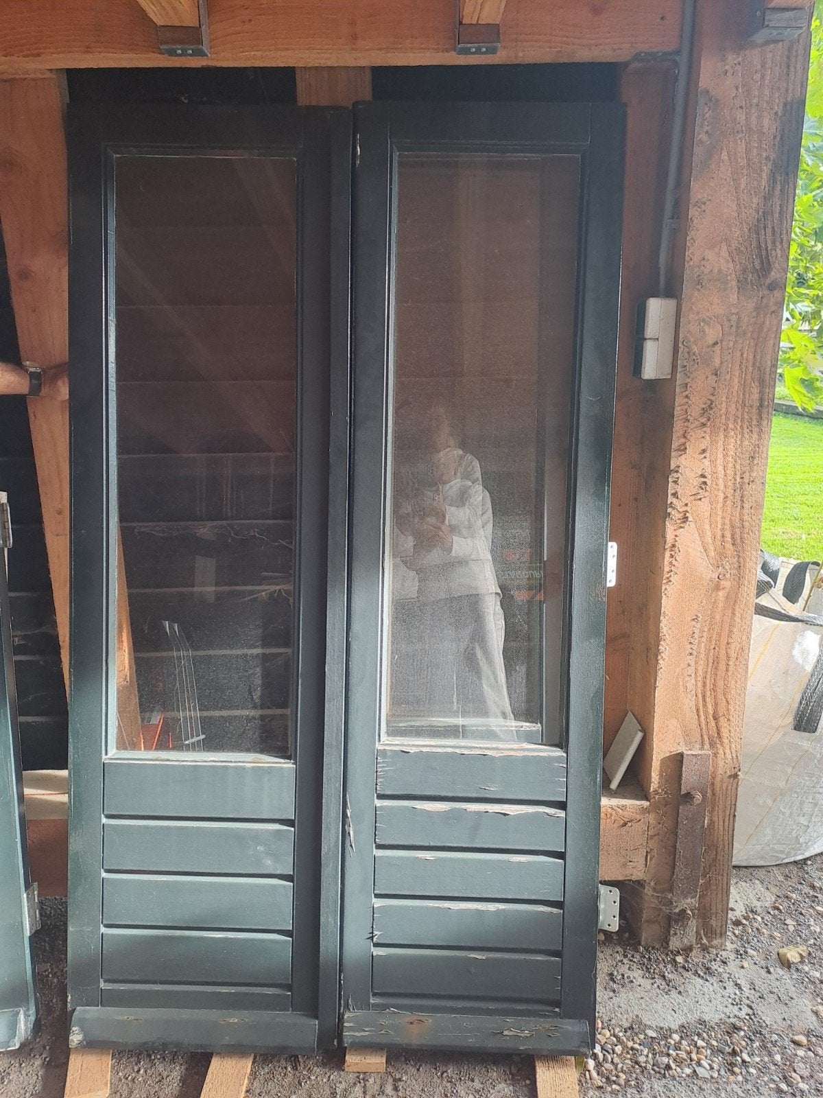 Set van 2 houten deuren met glas en hout, Gebruikt, Minder dan 200 cm, Buitendeur, Glas