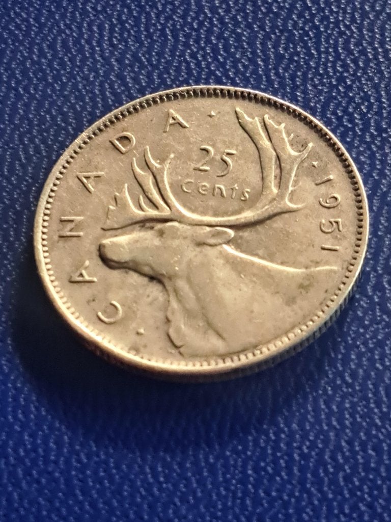 1951 Canada 25 cents in zilver George VI met kariboe, Verzenden, Noord-Amerika, Losse munt, Zilver