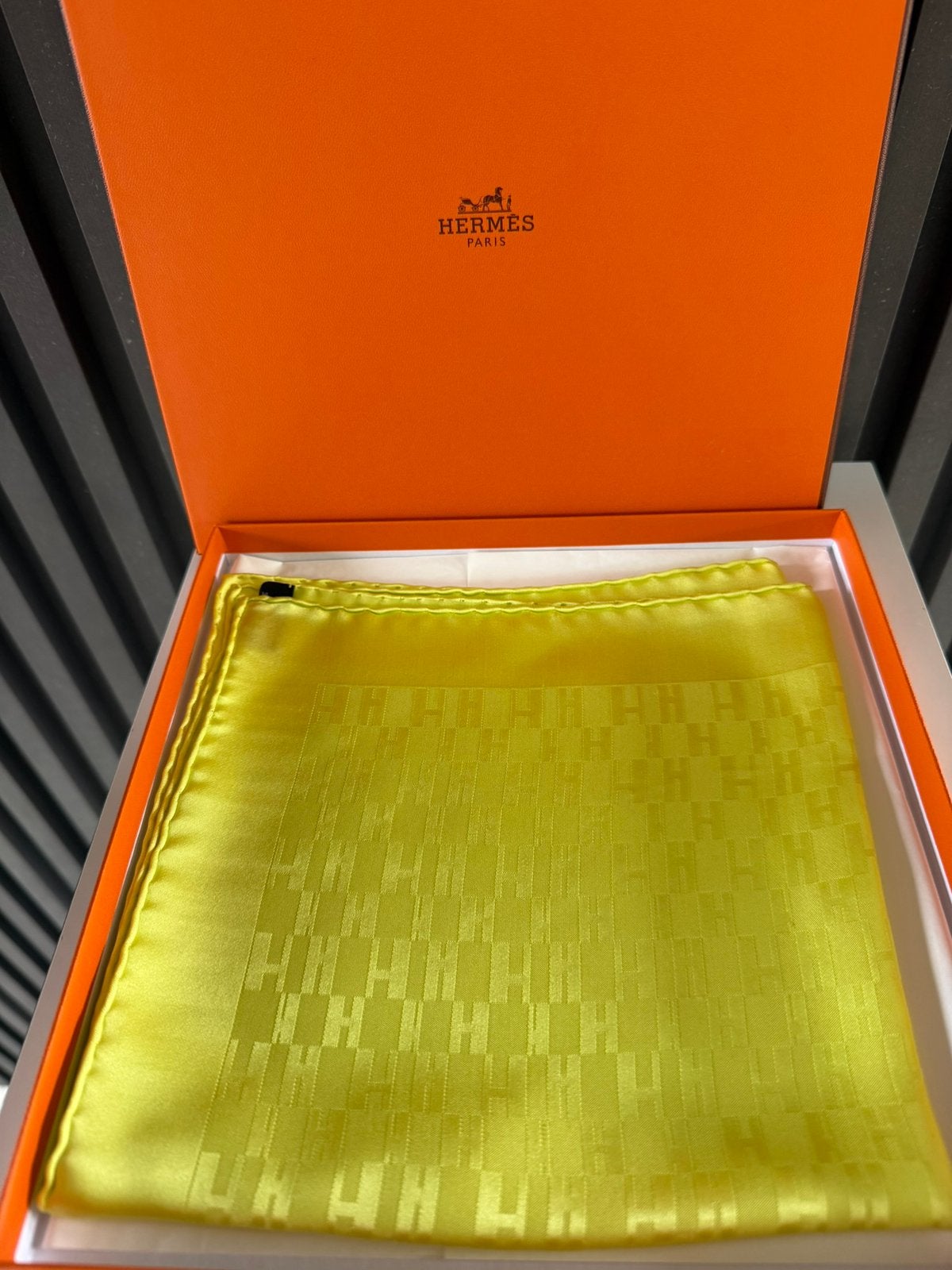 HERMES New H Logo Scarf Silk Flashy Green/yellow new in box, Nieuw, Ophalen of Verzenden, Hermes, Sjaal