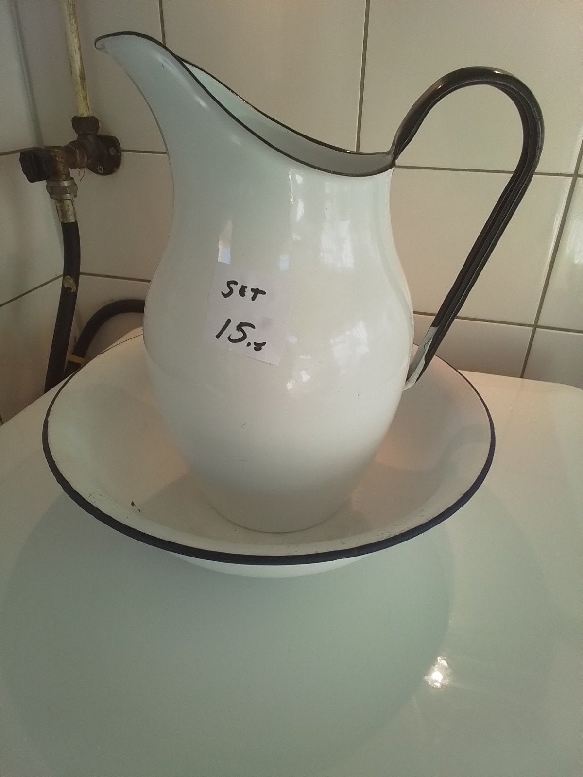 Vintage emaille lampetstel - kan en schaal, Ophalen of Verzenden