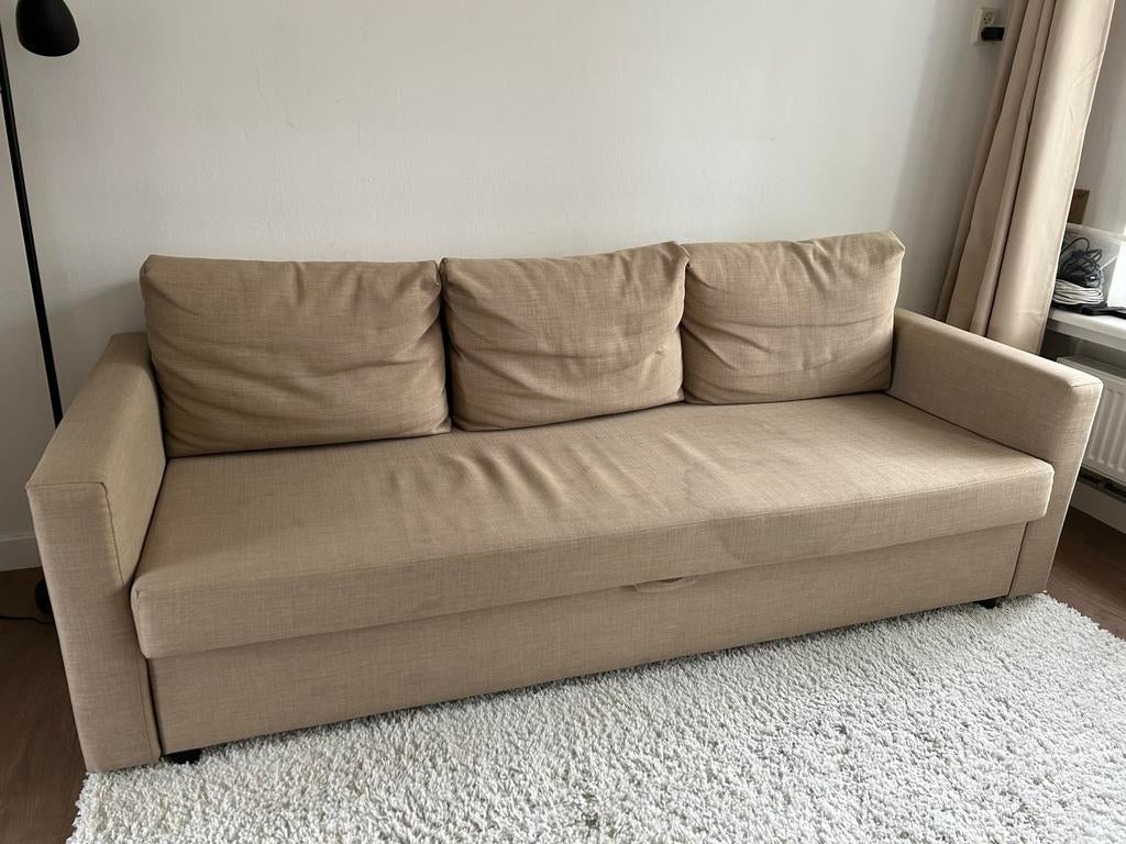 IKEA FRIHETEN slaapbank, beige, 200x146 cm, Huis en Inrichting, Ophalen, Beige, Tweepersoons, Zo goed als nieuw