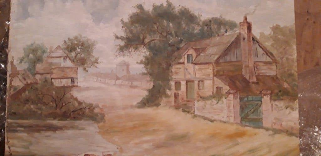 te koop apart Frans schilderij boeren hoeve, Doek, Ophalen of Verzenden, Landschap, Olieverf