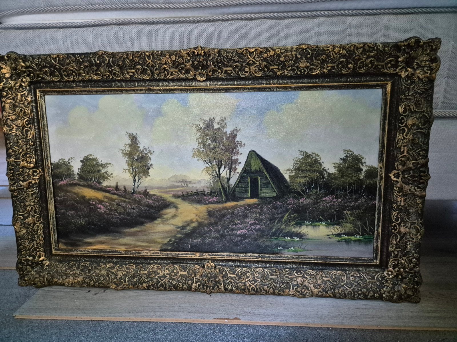 Olieverfschilderij Landschap met heide en boerderij, Antiek en Kunst, Ophalen, Doek, Landschap, Olieverf