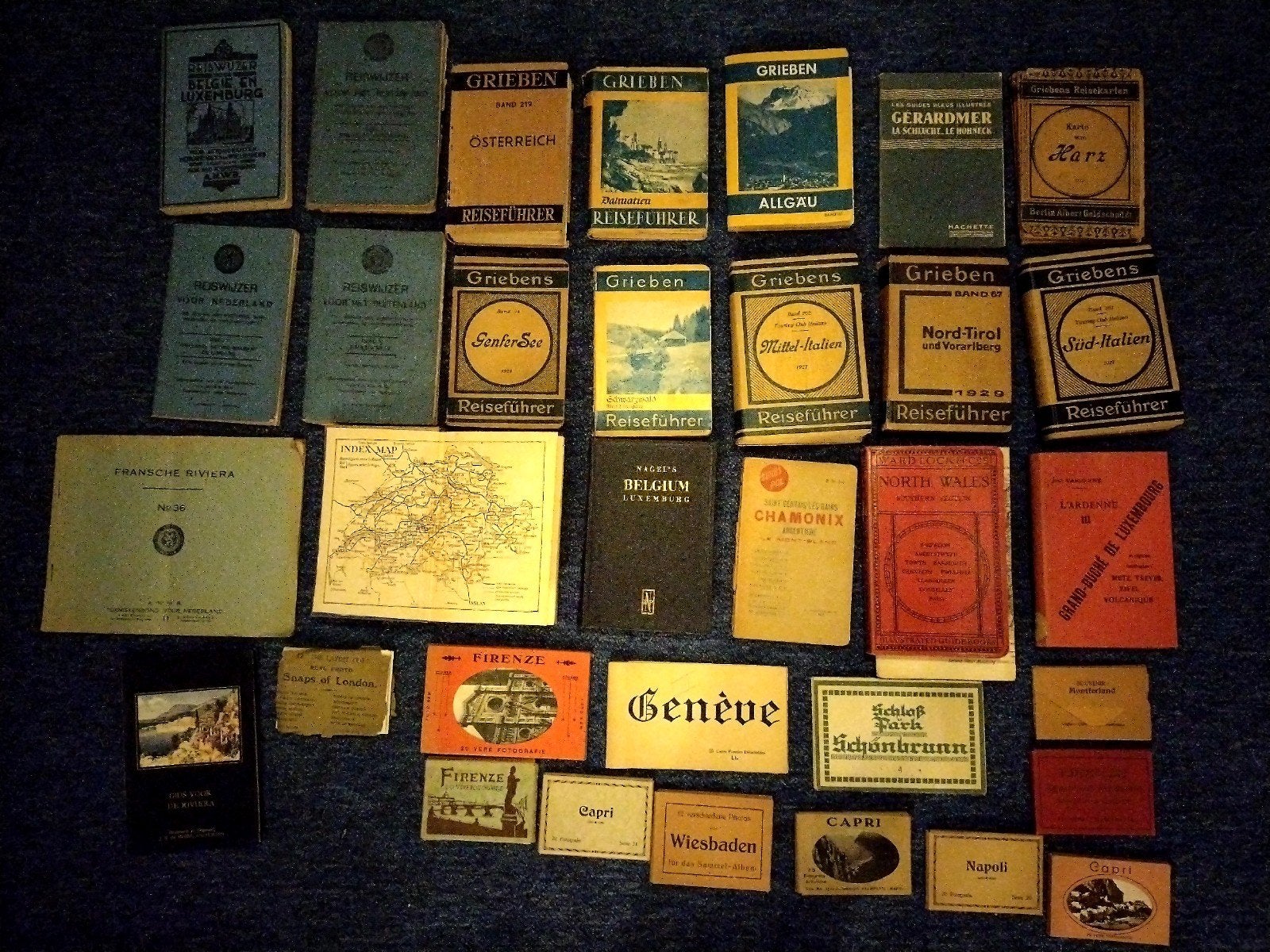 Diverse antieke reisgidsen en kaarten - Grote collectie, Europa, Ophalen of Verzenden, Reisgids of -boek, Gelezen