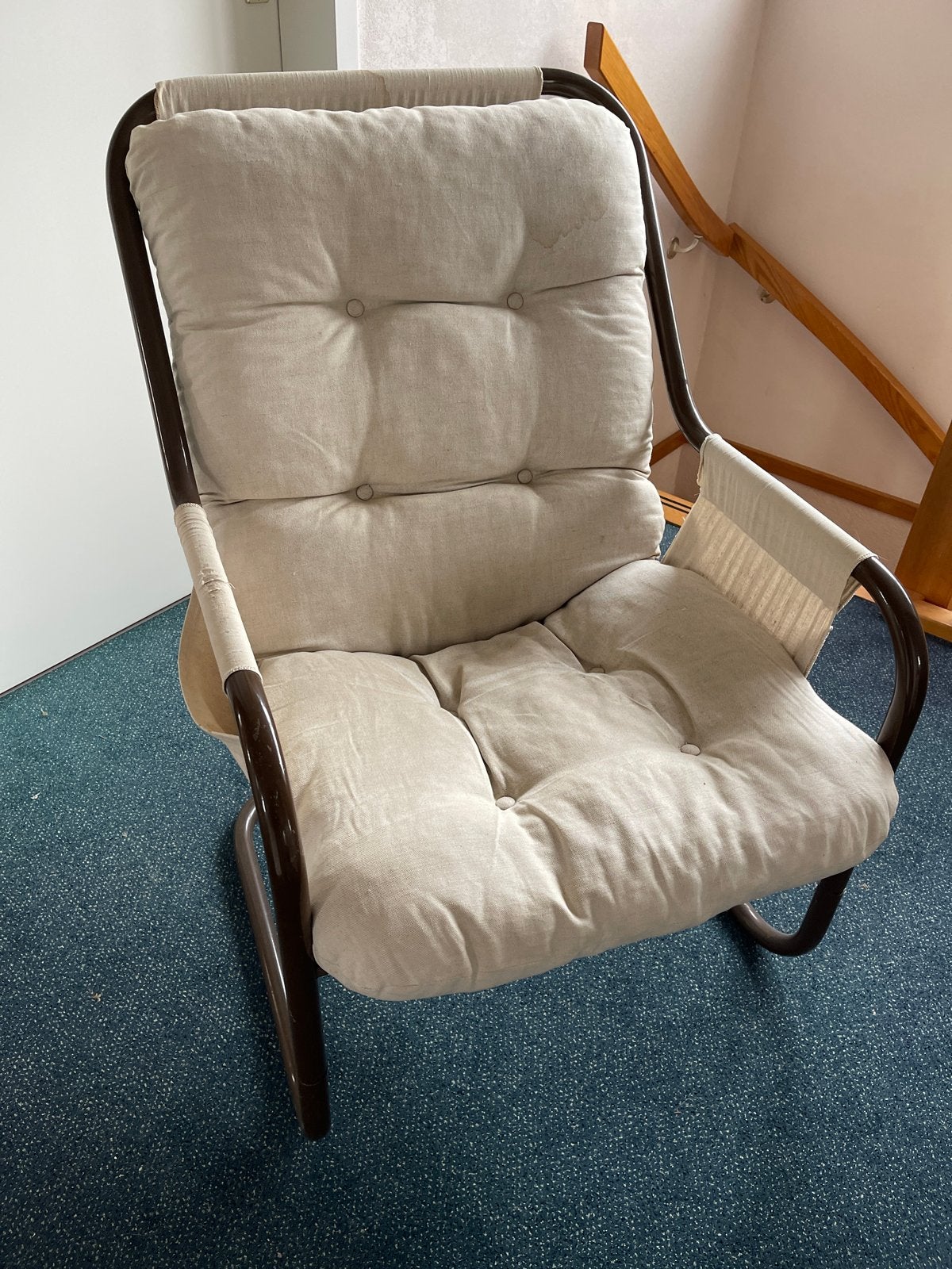 Comfortabele relaxstoel met stoffen bekleding GRATIS AFHALEN, Huis en Inrichting, Ophalen, Gebruikt, Overige kleuren, Metaal