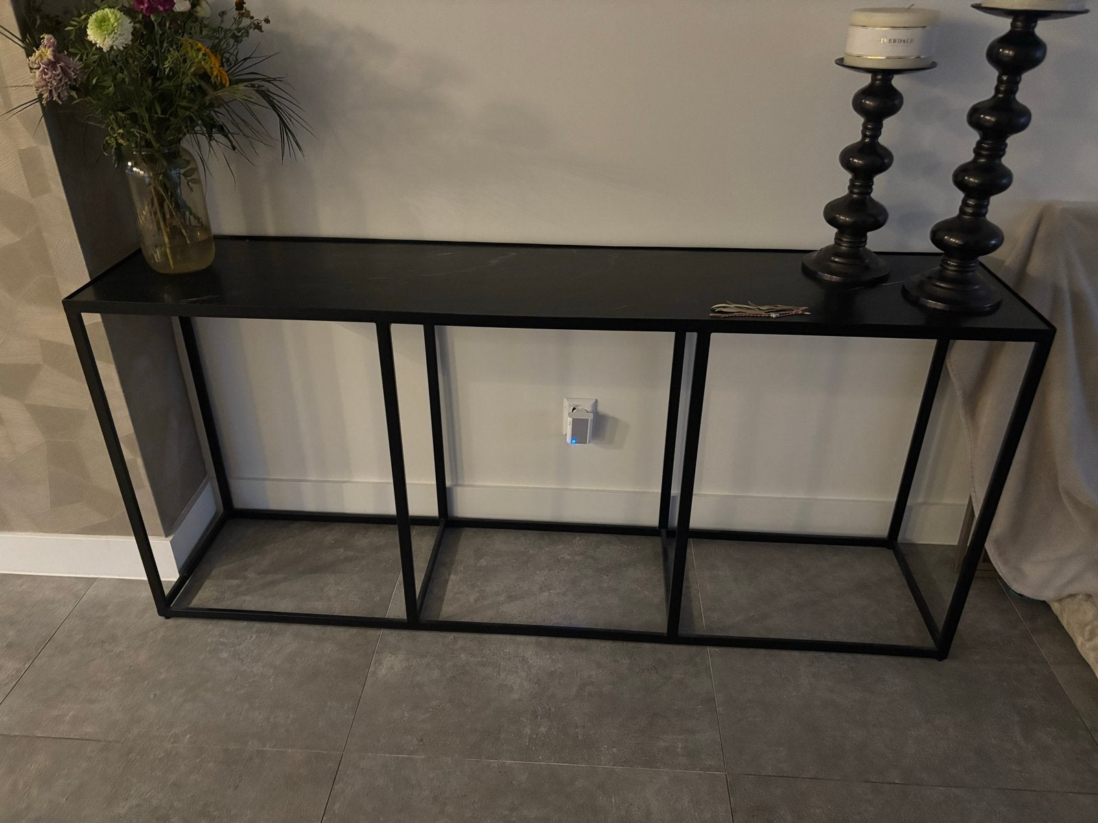 Lange console/sidetable met marmer blad en stalen frame, Ophalen, Gebruikt, Metaal of Aluminium, 75 cm of meer